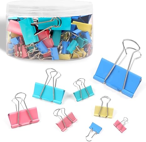 125Pcs Binder Clips Colored, Binder Clips Assorted Sizes, 6 Sizes Binder Paper Clips for Office Supplies/Home/School (Blue, Pink, Yellow, Green)