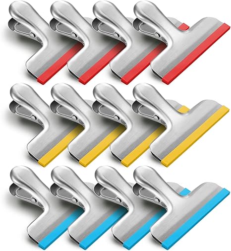 12 Pack Stainless Steel Chip Bag Clips Covered with Silicone - NO More Sharp Edges - Color Coded for Food Bags - Air Tight Seal, Heavy Duty for Kitchen and Office, 3 Inches