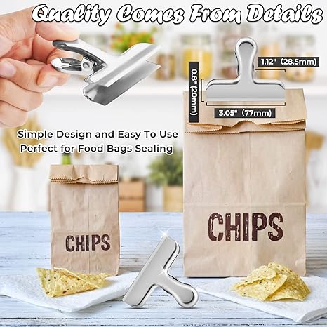 Chip Clips, 6 Pack Bag Clips, Chip Clips Bag Clips Food Clips, Stainless Steel Bag Clips for Food, Office Kitchen Home Usage Storage