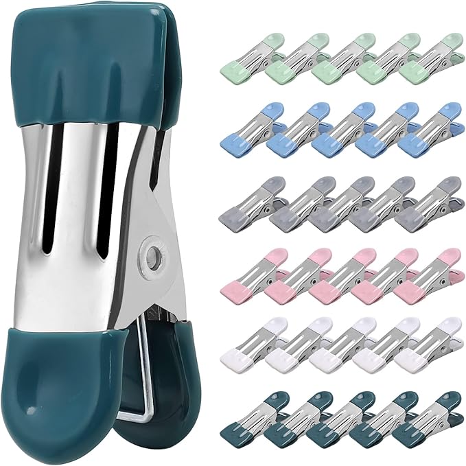 Clothes Pins Heavy Duty 30 Pack, 2.17 Inch Metal Chip Clips, Clothespins for Photo Drying Clothesline Laundry Sock, Bag Clips for Food Kitchen Stainless Steel with Rubber, 6 Colors