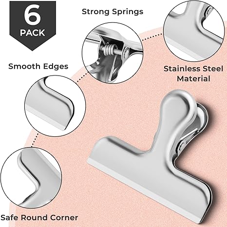 Chip Clips, 6 Pack Bag Clips, Chip Clips Bag Clips Food Clips, Stainless Steel Bag Clips for Food, Office Kitchen Home Usage Storage